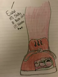 Size: 3024x4032 | Tagged: artist:joejoekk, clothes, crush, derpibooru import, feet, fetish, foot crush, foot fetish, foot slave, lined paper, oc, oc:anon, pinkie pie, shoes, slave, smell, smelly, stinky feet, suggestive, traditional art