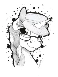 Size: 1632x2184 | Tagged: safe, artist:lupiarts, derpibooru import, oc, oc:amarynceus, unofficial characters only, pony, unicorn, braid, bust, ear piercing, earring, female, glasses, hat, jewelry, lineart, mare, monochrome, piercing, portrait, simple background, smiling, solo, white background