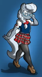 Size: 486x891 | Tagged: safe, artist:theburningdonut, derpibooru import, silver spoon, anthro, earth pony, plantigrade anthro, blue background, braid, clothes, cute, female, glasses, image, jpeg, plaid, pleated skirt, ponytail, schoolgirl, school uniform, shoes, silverbetes, simple background, skirt, socks, solo, thigh highs, zettai ryouiki