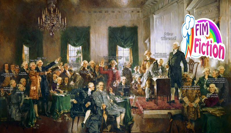 Size: 3000x1729 | Tagged: 4chan, alexander hamilton, artist:anonymous, artist:howard chandler christy, benjamin franklin, bump, constitution, derpibooru import, edit, fimfiction, george washington, greentext, history, it's shit, james madison, meta, /mlp/, nazi, painting, parody, safe, sieg heil, united states, vulgar