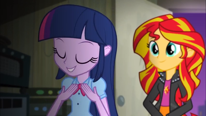 Size: 1366x768 | Tagged: safe, derpibooru import, screencap, sunset shimmer, twilight sparkle, human, equestria girls, rainbow rocks, cute, door, eyes closed, grin, night, smiling, twiabetes, warehouse