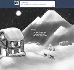 Size: 1500x1409 | Tagged: safe, artist:nimaru, derpibooru import, oc, oc:crystal quarry, oc:heartsong, unofficial characters only, pony, ask, lodge, monochrome, mountain, night, running, snow, tumblr, winter