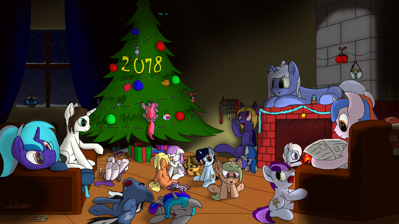 Size: 3200x1800 | Tagged: safe, artist:ilyasnow, derpibooru import, oc, oc:butter cream, oc:ferrum, oc:krafty kitsune, oc:light landstrider, oc:procelle, unofficial characters only, changeling, pony, christmas, christmas tree, evergreen tree, fireplace, happy new year 2018, holiday, new year, newspaper, present, toy, tree