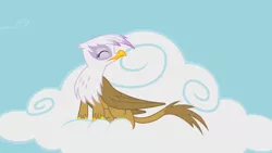 Size: 1366x768 | Tagged: safe, derpibooru import, screencap, gilda, gryphon, griffon the brush off, cloud, cute, eyes closed, faic, female, gildadorable, on a cloud, sitting, sitting on cloud, smiling, solo, when she smiles, wings