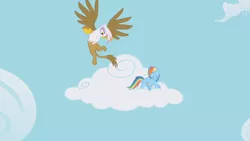 Size: 1366x768 | Tagged: safe, derpibooru import, screencap, gilda, rainbow dash, gryphon, pegasus, pony, griffon the brush off, cloud, cutie mark, duo, eyes closed, female, flying, hooves, mare, on a cloud, spread wings, standing on cloud, wings
