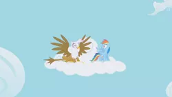 Size: 1366x768 | Tagged: safe, derpibooru import, screencap, gilda, rainbow dash, gryphon, griffon the brush off, birb, cloud, disturbed, faic, majestic, shocked, silly, sitting, spread wings, wings