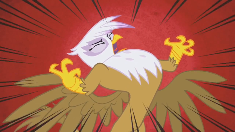 Size: 1366x768 | Tagged: safe, derpibooru import, screencap, gilda, gryphon, griffon the brush off, angry, eyes closed, female, majestic, open beak, rage, rearing, red background, roar, simple background, solo, spread wings, wings