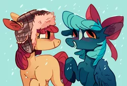 Size: 1280x867 | Tagged: safe, artist:sterfler, deleted from derpibooru, derpibooru import, apple bloom, oc, oc:cold snap, earth pony, pegasus, pony, accessory swap, bow, female, filly, hair bow, hat, snow, winter