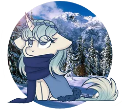 Size: 1085x977 | Tagged: safe, artist:cloud-fly, derpibooru import, oc, oc:tera, unofficial characters only, pony, unicorn, chibi, cloak, clothes, female, forest, mare, mountain, mountain range, sitting, snow, solo, tree, winter