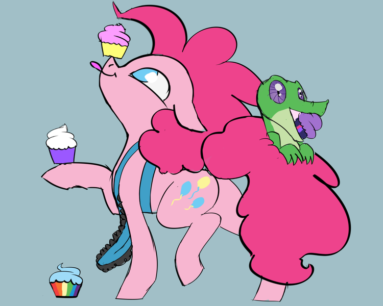 Size: 1280x1024 | Tagged: safe, artist:veesocks, derpibooru import, gummy, pinkie pie, earth pony, pony, 30 minute art challenge, apron, clothes, cute, female, mare, raised hoof, smiling, tongue out