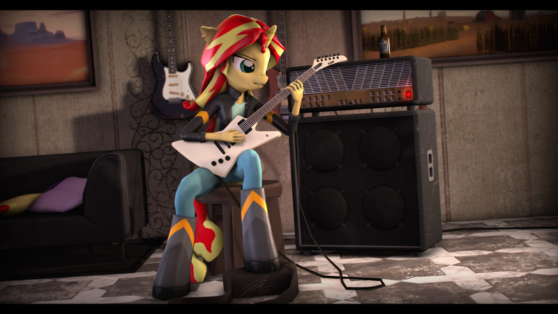 Size: 9600x5400 | Tagged: safe, artist:imafutureguitarhero, derpibooru import, sunset shimmer, anthro, unguligrade anthro, unicorn, 3d, absurd resolution, alternate hairstyle, amplifier, bag, bass guitar, beer bottle, black bars, boots, cable, carpet, chromatic aberration, clothes, couch, dress, ear piercing, earring, explorer, fender stratocaster, film grain, gibson explorer, guitar, jacket, jewelry, motion blur, musical instrument, painting, pants, piercing, pillow, playing guitar, playing instrument, shoes, signature, solo, source filmmaker, stool, stratocaster, sunset shredder, wallpaper