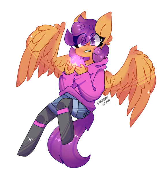 Size: 1552x1627 | Tagged: anthro, artist:starboy-hen, clothes, comic:ponytale, crossover, cute, cutealoo, derpibooru import, heart, hoodie, jeans, oc, oc:ponytale scootaloo, purple eyes, safe, scootaloo, scootaloo loves sans, shorts, simple background, solo, soul, surprised, transparent background, undertale, unguligrade anthro, wings