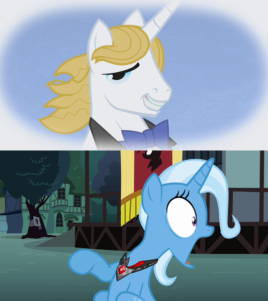 Size: 1280x1440 | Tagged: alicorn amulet, bluetrix, bowtie, derpibooru import, edit, edited screencap, fantasy, female, jaw drop, love at first sight, magic duel, male, prince blueblood, safe, screencap, shipping, smiling, straight, the ticket master, trixie, wavey hair