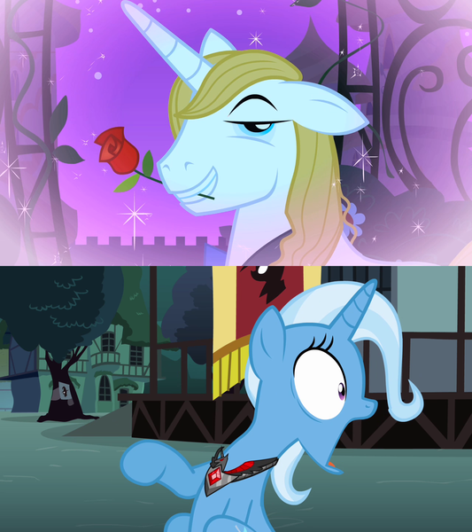 Size: 1280x1440 | Tagged: alicorn amulet, bluetrix, derpibooru import, edit, edited screencap, fantasy, female, jaw drop, love at first sight, magic duel, male, prince blueblood, rose in mouth, safe, screencap, shipping, smiling, sparkling, straight, the best night ever, trixie