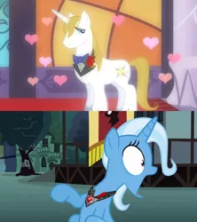 Size: 1280x1440 | Tagged: alicorn amulet, bluetrix, derpibooru import, edit, edited screencap, fantasy, female, heart, jaw drop, love at first sight, magic duel, male, prince blueblood, safe, screencap, shipping, straight, the best night ever, trixie