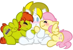 Size: 3359x2317 | Tagged: safe, artist:befishproductions, derpibooru import, fluttershy, oc, oc:white heart, oc:young weird, pegasus, pony, unicorn, blushing, canon x oc, chibi, cute, female, hug, hug sandwich, male, oc x oc, polyamory, shipping, simple background, straight, transparent background, whiteshy, youngheart