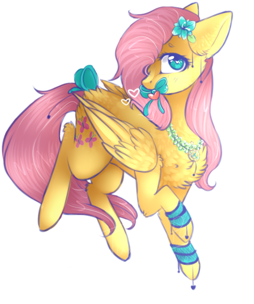 Size: 610x730 | Tagged: safe, artist:twinkepaint, derpibooru import, fluttershy, pegasus, pony, bow, chest fluff, cute, female, flower, flower in hair, folded wings, head turn, heart, heart eyes, jewelry, looking at you, mare, mouth hold, necklace, shyabetes, simple background, solo, tail bow, transparent background, wingding eyes