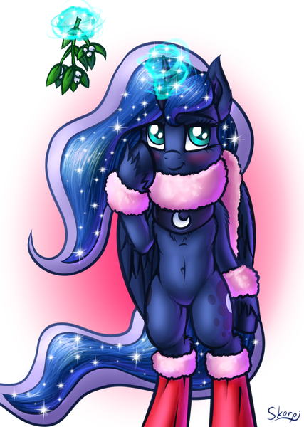 Size: 1034x1453 | Tagged: alicorn, artist:skorpionletun, belly button, bipedal, blushing, clothes, cute, derpibooru import, female, looking at you, lunabetes, mare, mistletoe, princess luna, safe, scarf, semi-anthro, smiling, socks, solo