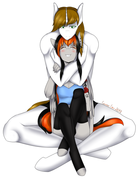 Size: 3801x4865 | Tagged: anthro, anthro oc, artist:cannoncar, boxers, breasts, clothes, couple, derpibooru import, ear piercing, eye scar, eyes closed, female, hug, male, mare, oc, oc:cannon car, oc:pr, oc x oc, partial nudity, piercing, prannon, scar, shipping, simple background, size difference, smiling, stallion, straight, suggestive, topless, transparent background, underwear, unguligrade anthro, unofficial characters only