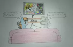 Size: 1722x1119 | Tagged: angry, couch, derpibooru import, gay, laughing, male, oc, oc:blue pixel, oc:silverlining, safe, traditional art, unofficial characters only, video game