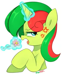 Size: 1210x1440 | Tagged: safe, artist:maren, derpibooru import, oc, oc:hungry flower, unofficial characters only, pony, annoyed, eating, flower, magic, solo, telekinesis