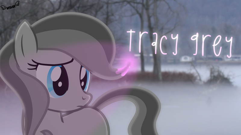 Size: 2600x1463 | Tagged: safe, artist:kiwipone, derpibooru import, oc, oc:tracy grey, unofficial characters only, earth pony, pony, art trade, cute, female, fog, glowing mane, irl, mare, monochrome, partial color, photo, ponies in real life, solo, standing