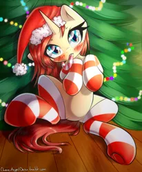 Size: 2000x2432 | Tagged: safe, artist:chaosangeldesu, derpibooru import, oc, oc:nazzy, unofficial characters only, pony, unicorn, blushing, candy, candy cane, christmas, christmas lights, christmas tree, clothes, female, food, hat, holiday, looking at you, mare, santa hat, socks, solo, striped socks, tree