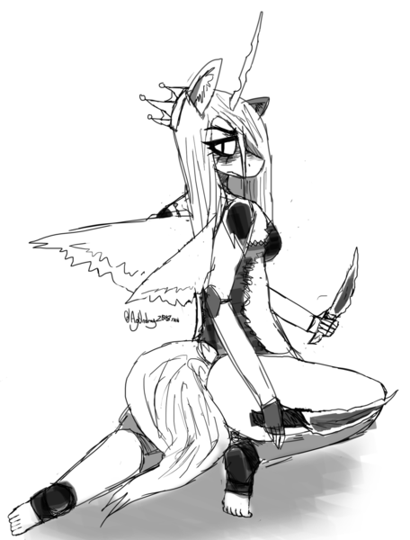Size: 1024x1347 | Tagged: anthro, artist:itzdatag0ndray, changeling, dagger, derpibooru import, ear fluff, knife, looking at you, looking back, monochrome, plantigrade anthro, queen chrysalis, safe, sketch, solo, weapon