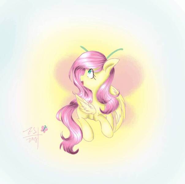 Size: 686x682 | Tagged: safe, artist:shangbanzu, derpibooru import, fluttershy, pegasus, pony, head turn, looking away, looking up, open mouth, smiling, solo, wings