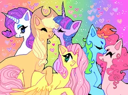 Size: 546x406 | Tagged: safe, artist:njeekyo, derpibooru import, applejack, fluttershy, pinkie pie, rainbow dash, rarity, twilight sparkle, earth pony, pegasus, pony, unicorn, appleshy, cute, diabetes, female, flutterdash, heart, lesbian, mane six, mare, omniship, pinkiedash, rainbow background, rarijack, shipping, twijack, twishy