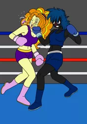 Size: 850x1200 | Tagged: suggestive, artist:linedraweer, derpibooru import, adagio dazzle, oc, oc:jinx, equestria girls, armpits, blood, boxing, boxing gloves, breasts, bruised, catfight, fight, fighting stance, mouth guard, pose, punch, revenge, spit, sports, teeth pulling, trunks