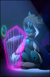 Size: 2560x3957 | Tagged: safe, artist:xn-d, derpibooru import, oc, oc:sanft liebe, unofficial characters only, original species, pony, ponymorph, robot, robot pony, cape, clothes, harp, laser, musical instrument