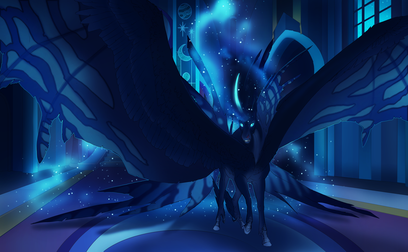 Size: 4846x3000 | Tagged: safe, artist:turnipberry, deleted from derpibooru, derpibooru import, nightmare moon, alicorn, bat pony, bat pony alicorn, pony, alternate design, commission, curved horn, dewclaw, ethereal mane, fins, glowing horn, horn, hybrid wings, large wings, lionfish, long horn, realistic horse legs, scales, solo, winged hooves, wings