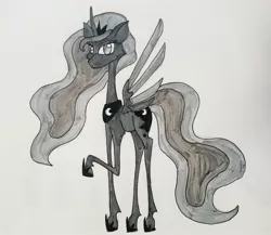 Size: 2484x2160 | Tagged: safe, artist:shainilia, derpibooru import, princess luna, alicorn, pony, high res, monochrome, solo, style emulation, tim burton, traditional art