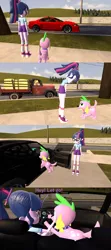 Size: 1920x4320 | Tagged: safe, artist:papadragon69, derpibooru import, applejack, sci-twi, spike, spike the regular dog, twilight sparkle, winona, dog, equestria girls, 3d, camp everfree outfits, car, old master q, parody, reference, shoes, sneakers, source filmmaker