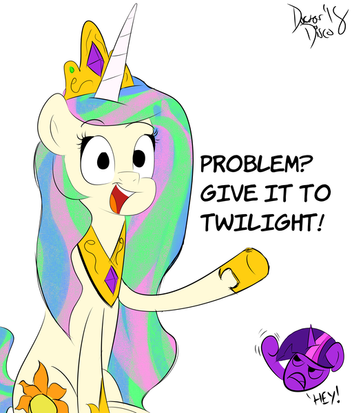 Size: 2400x2820 | Tagged: safe, artist:thedoctordisco, derpibooru import, princess celestia, twilight sparkle, alicorn, pony, angry, complaining, d:, delegating, dialogue, duo, female, frown, funny, glare, hoofshake, humor, looking at you, mare, meme, open mouth, pointing, problem, raised hoof, simple background, sitting, smiling, trollestia, uselesstia, white background, wingless