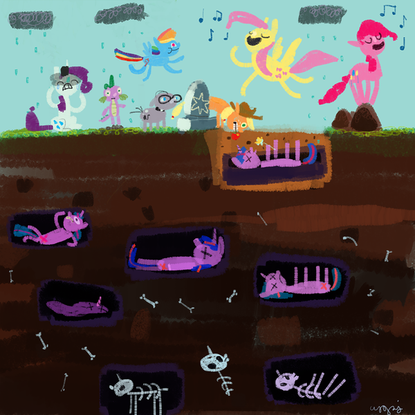 Size: 1000x1000 | Tagged: safe, artist:cygaj, derpibooru import, applejack, fluttershy, mr. waddle, pinkie pie, rainbow dash, rarity, spike, twilight sparkle, dragon, earth pony, pegasus, pony, unicorn, 2013, bone, buried alive, cloud, cute, dead, death, female, grave, grimcute, male, mane six, mare, on back, rain, singing, skeleton, underground, x eyes