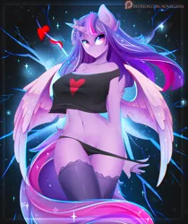 Size: 2232x2652 | Tagged: suggestive, artist:koveliana, derpibooru import, twilight sparkle, alicorn, anthro, belly button, black underwear, breasts, busty twilight sparkle, chromatic aberration, clothes, color porn, erect nipples, eyestrain warning, female, heart, high res, looking at you, nipple outline, panties, panty pull, patreon, patreon logo, pubic fluff, short shirt, signature, solo, solo female, spread wings, stockings, stupid sexy twilight, thigh highs, twilight sparkle (alicorn), underwear, wingding eyes, wings