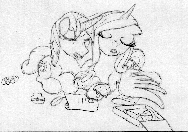 Size: 794x559 | Tagged: safe, anonymous artist, derpibooru import, princess cadance, shining armor, pony, /mlp/, 4chan, cute, drawthread, duo, female, food, lineart, male, monochrome, peetzer, pizza, shiningcadance, shipping, simple background, straight, traditional art