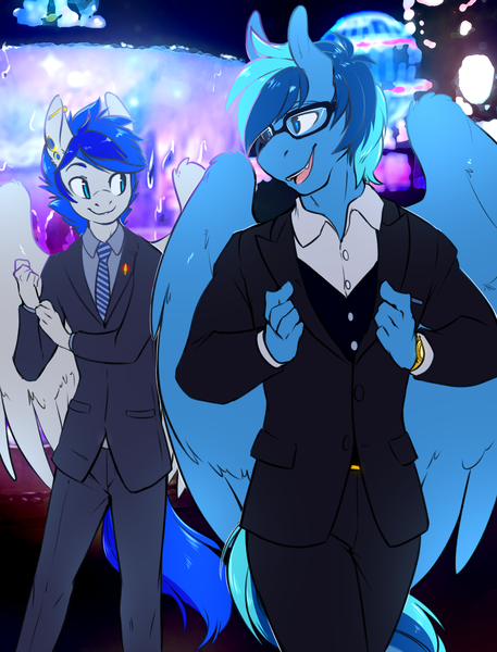 Size: 1600x2100 | Tagged: anthro, artist:spazzykoneko, blurred background, clothes, derpibooru import, ear piercing, fangs, formal wear, gauges, glasses, lapel pin, necktie, oc, oc:turquoise, oc:umami stale, pegasus, piercing, plantigrade anthro, safe, source needed, suit, tuxedo, unofficial characters only, watch