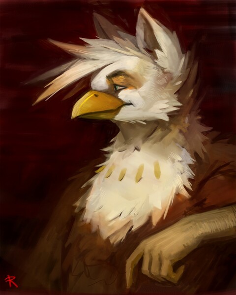 Size: 1023x1280 | Tagged: safe, artist:refegi, derpibooru import, oc, oc:ember burd, unofficial characters only, gryphon, bust, commission, eared griffon, griffon oc, painting, portrait, solo