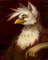 Size: 1023x1280 | Tagged: safe, artist:refegi, derpibooru import, oc, oc:ember burd, unofficial characters only, gryphon, bust, commission, eared griffon, griffon oc, painting, portrait, solo