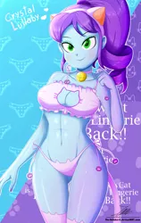 Size: 1595x2527 | Tagged: suggestive, artist:the-butch-x, derpibooru import, crystal lullaby, equestria girls, bell, bell collar, belly button, blushing, boob window, bra, breasts, busty crystal lullaby, butch's shadow cat lingerie, cat ears, cat keyhole bra set, cat lingerie, cat tail, cleavage, clothes, collar, crop top bra, female, frilly underwear, heart, hips, lingerie, panties, sexy, shadowcat lingerie, side knot underwear, signature, solo, solo female, stockings, stupid sexy crystal lullaby, thigh highs, thighs, underass, underwear