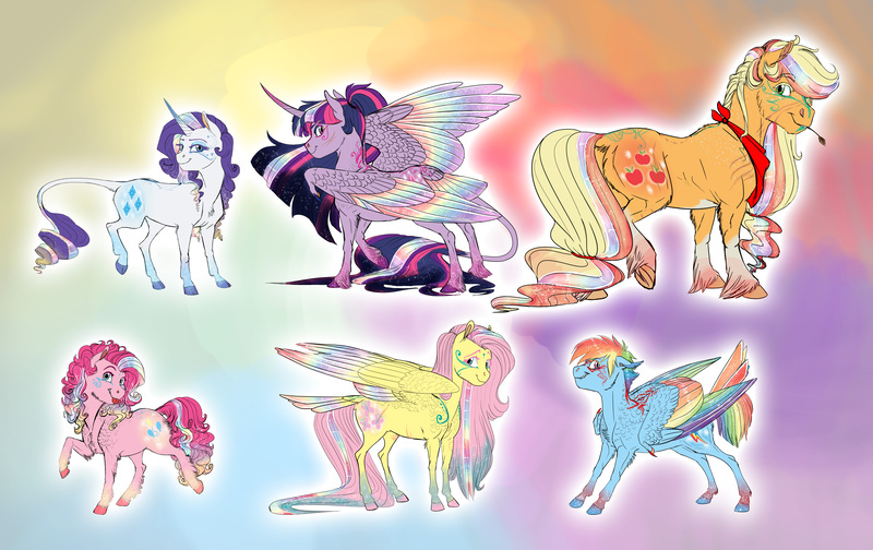 Size: 6888x4336 | Tagged: safe, artist:earthsong9405, deleted from derpibooru, derpibooru import, applejack, fluttershy, pinkie pie, rainbow dash, rarity, twilight sparkle, twilight sparkle (alicorn), alicorn, classical unicorn, earth pony, pony, unicorn, :p, :t, absurd resolution, alternate design, bandana, big hair, cheek fluff, chest fluff, cloven hooves, colored eyelashes, colored hooves, colored horn, colored wings, colored wingtips, curved horn, dock, ear fluff, eyelashes, fangs, female, floppy ears, fluffy, glow, gradient background, grin, image, jpeg, leg fluff, leonine tail, lidded eyes, lip bite, looking at you, looking back, mane six, mare, mouth hold, multicolored wings, rainbow background, rainbow power, rainbow wings, raised hoof, raised leg, realistic anatomy, realistic horse legs, scar, shoulder fluff, slit eyes, smiling, smirk, socks (coat marking), sparkles, spread wings, straw in mouth, swirly markings, tail feathers, tattoo, tongue out, twitterina design, underhoof, unshorn fetlocks, wing claws, wing fluff, wings