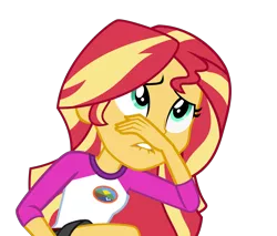 Size: 4968x4242 | Tagged: safe, artist:keronianniroro, derpibooru import, sunset shimmer, equestria girls, legend of everfree, absurd resolution, camp everfree outfits, clothes, eww, female, lip bite, shorts, simple background, solo, transparent background, vector