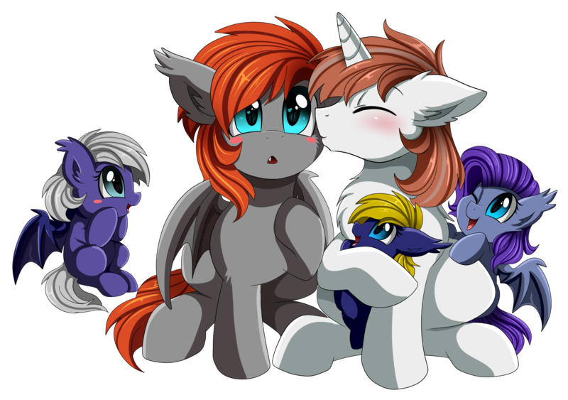 Size: 2334x1643 | Tagged: safe, artist:pridark, derpibooru import, oc, oc:diamond sword, oc:dusk, oc:grem, oc:midnight, oc:vera, unofficial characters only, bat pony, pony, unicorn, bat pony oc, blush sticker, blushing, children, colt, commission, female, filly, gremond, kissing, male, oc x oc, shipping, simple background, straight, transparent background