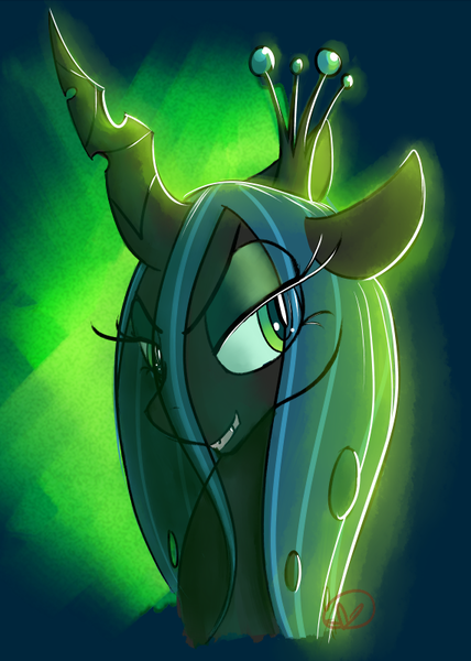 Size: 571x800 | Tagged: abstract background, artist:ryuredwings, beautiful, bust, changeling, changeling queen, derpibooru import, female, glow, grin, lidded eyes, looking at you, portrait, queen chrysalis, safe, smiling, smirk, solo