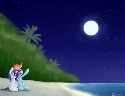 Size: 3850x2975 | Tagged: safe, artist:zaponator, derpibooru import, rainbow dash, rarity, pegasus, pony, unicorn, fanfic, alternate hairstyle, beach, fanfic art, female, full moon, hug, island, lesbian, mare, moon, open mouth, raridash, shipping, signature, sitting, smiling, winghug