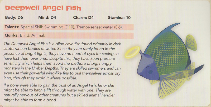 Size: 2144x1092 | Tagged: angel, angelfish, animal, deepwell angel fish, derpibooru import, dungeons and dragons, eyes closed, fish, halo, pen and paper rpg, rpg, safe, smiling, solo, stats, tails of equestria, text, the festival of lights, umberfoal, underdark