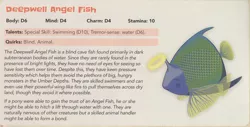 Size: 2144x1092 | Tagged: angel, angelfish, animal, deepwell angel fish, derpibooru import, dungeons and dragons, eyes closed, fish, halo, pen and paper rpg, rpg, safe, smiling, solo, stats, tails of equestria, text, the festival of lights, umberfoal, underdark